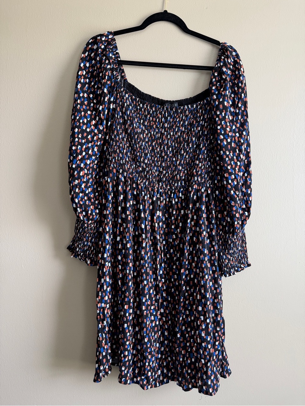 Eloquii Navy Multi Smocked Square-Neck Long Sleeve Dress